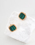 Vintage-gold sterling silver stud earrings with rounded-square green malachite centers, textured borders and small clear zircon accents.