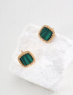 Vintage-gold sterling silver stud earrings with rounded-square green malachite centers, textured borders and small clear zircon accents.