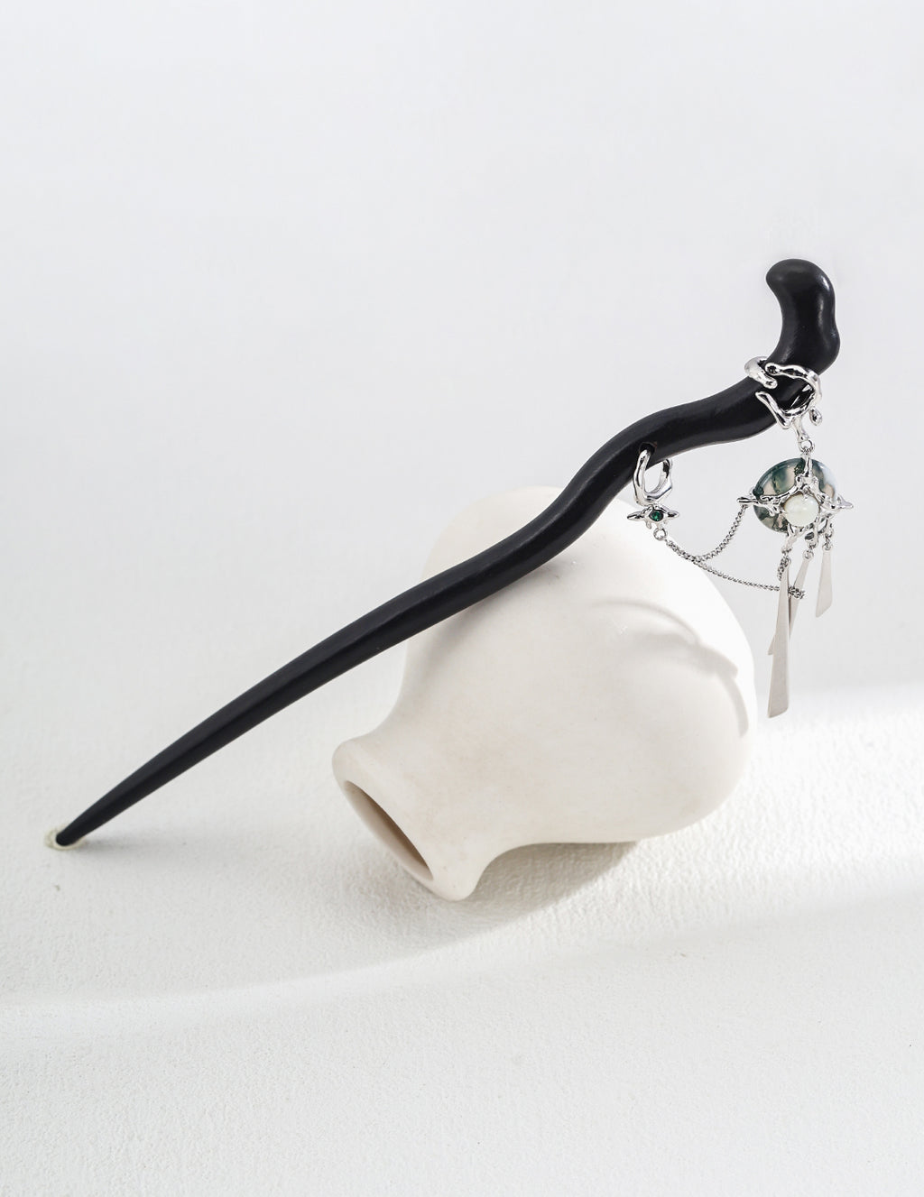 Purple sandalwood hairpin with sterling silver, moss agate and white mother-of-pearl details.