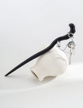 Purple sandalwood hairpin with sterling silver, moss agate and white mother-of-pearl details.