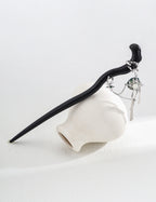 Purple sandalwood hairpin with sterling silver, moss agate and white mother-of-pearl details.