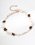 Vintage-gold sterling silver necklace with irregular natural pearls, polished beads and clusters of dark amber-brown Czech glass.